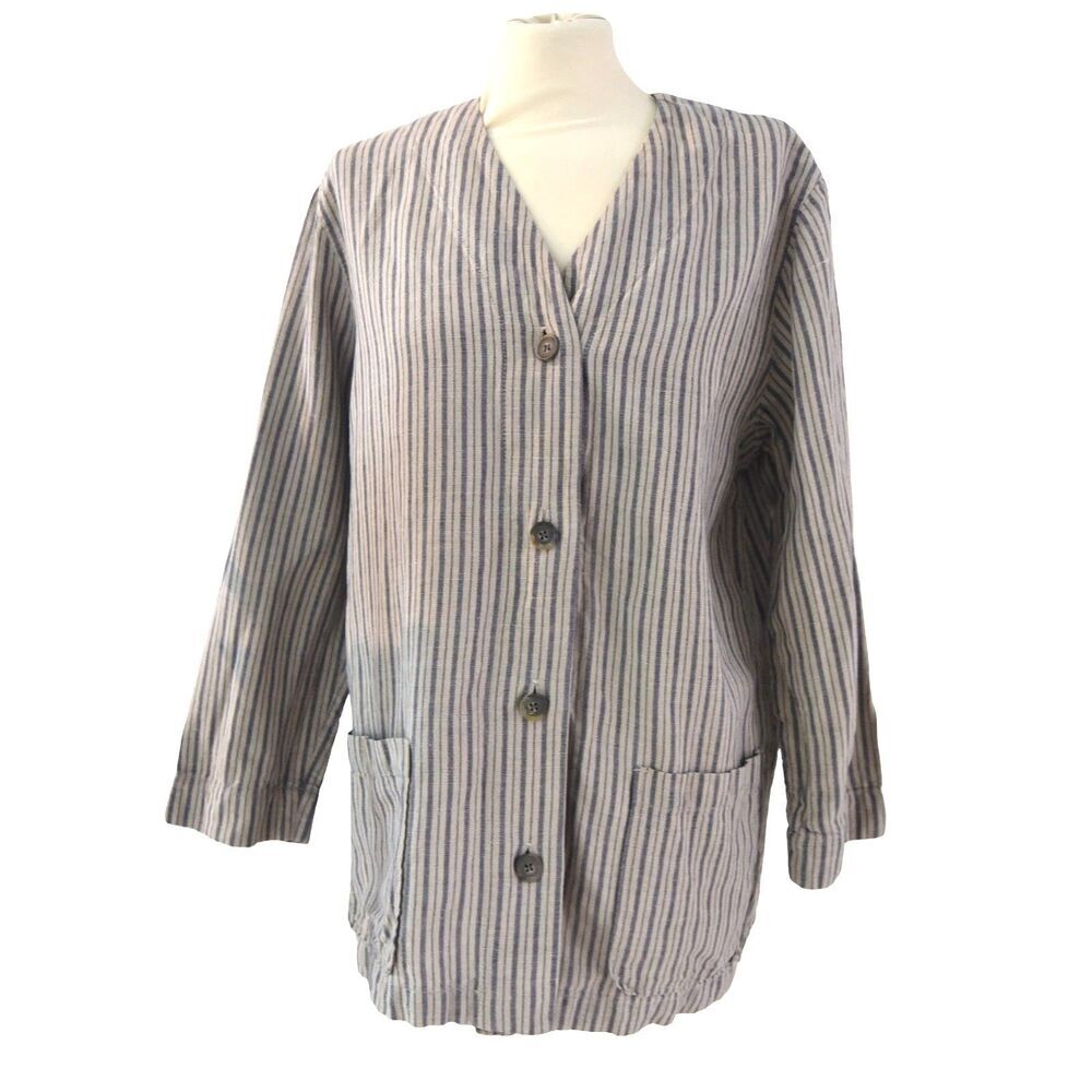 Vintage Lands’ End Linen Blend Railroad Striped Chore Shacket Women’s M 10-12